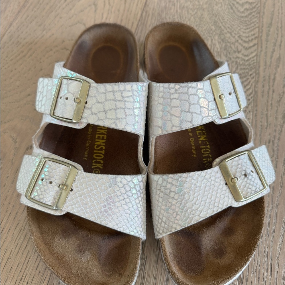 Birkenstock Arizona Shiny Snake Cream Birko Flor Sandals - Picture 3 of 6